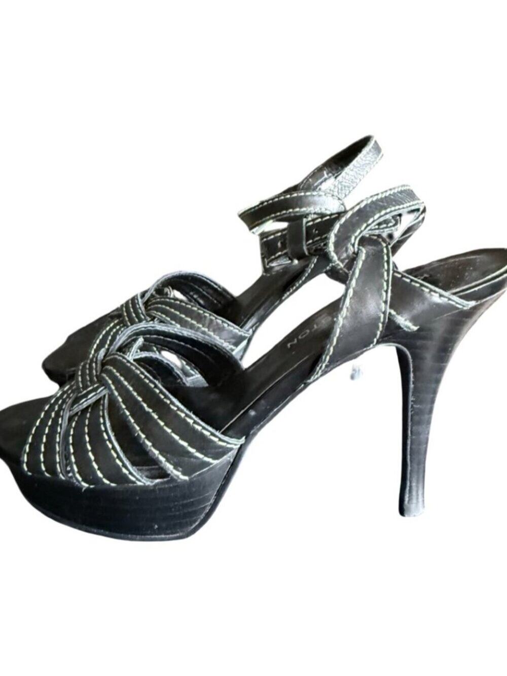 Kate Preston Jerrel Black Leather Contrast Stitch Platform Sandals - Size 5.5M